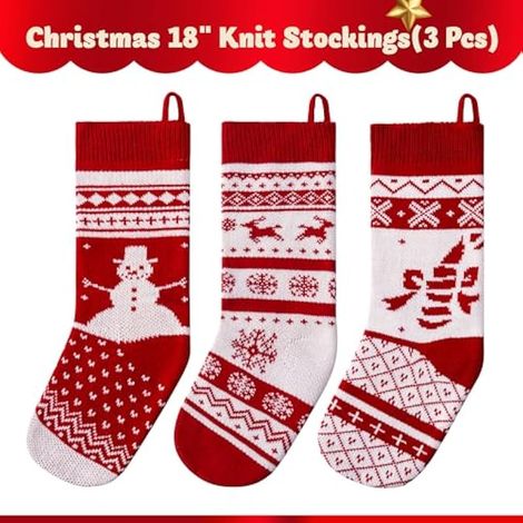 Lot de 3 chaussettes de Noël tricotées de 45,7 cm, grandes chaussettes de Noël en fil rustique pour la décoration de Noël de la famille (1/4)
