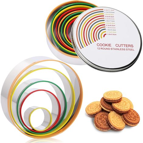 Set of 12 Round Stainless Steel Cookie Cutters for Pastry, Circle Pastry, Kitchen with Protective Ring for Cookies, Cookies, Cakes (1/5)