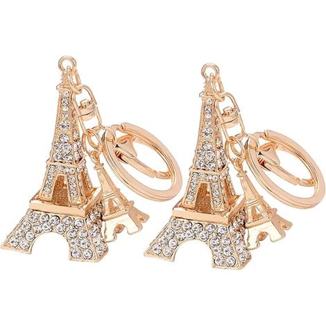 Lot de 2 porte-clés Tour Eiffel en strass, motif 3D cubique, souvenir de Paris, pour voiture, sac à main, décoration de sac, doré