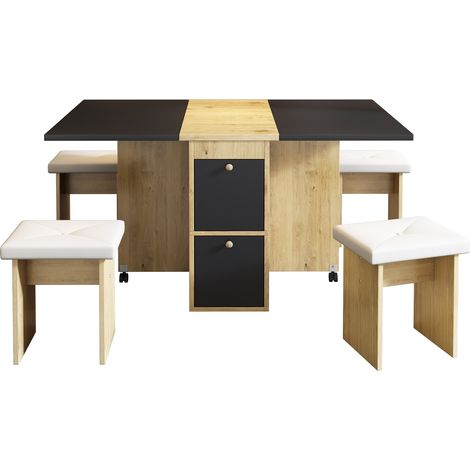Ensemble repas table extensible 120×80×75 cm + 4 chaises blanc chêne et noir