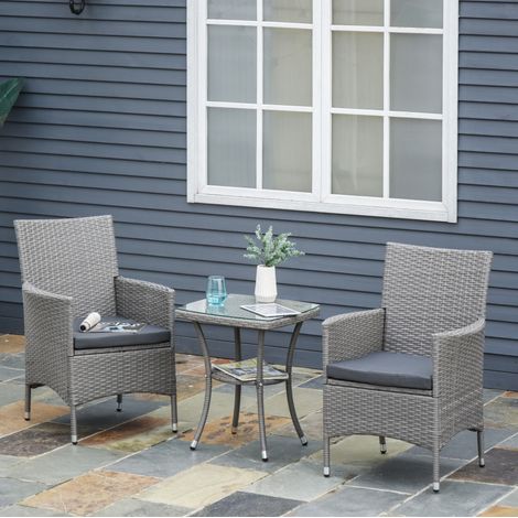 Silla bistró exterior con mesa ratán y cojines gris HAVRYA (1/4)