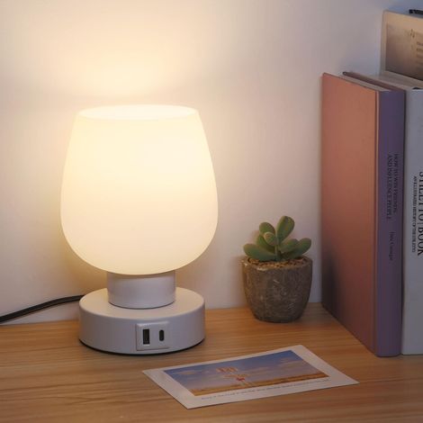 Lámpara de noche táctil portátil y moderna para dormitorio infantil, mesita de noche, control táctil de 3 colores con puertos USB C y A, pantalla de cristal blanco lechoso.