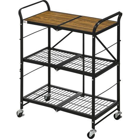 Chariot de cuisine de style industriel à 3 étagères, chariot multifonction, chariot de service, 4 roues, pliable, marron et noir (1/5)