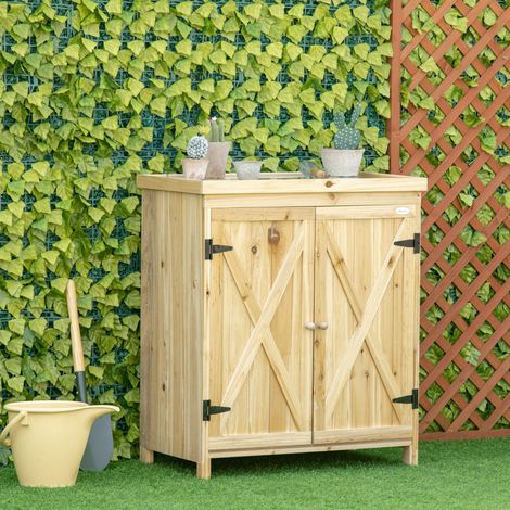 Gartenschrank, Gartenaufbewahrungsschrank, verzinkte Metallplatte, Massivholz, 80 x 45 x 92 cm, Naturholz
