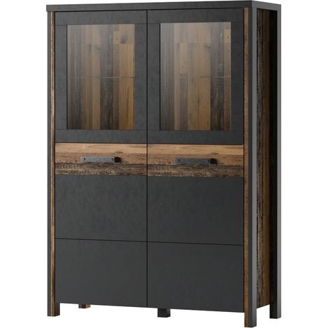 Meublorama – Buffet haut WINDSOR gris anthracite et chêne foncé – Dimensions L 96,9 x H 138,2 x P 37,6 – Panneaux de particules et MDF