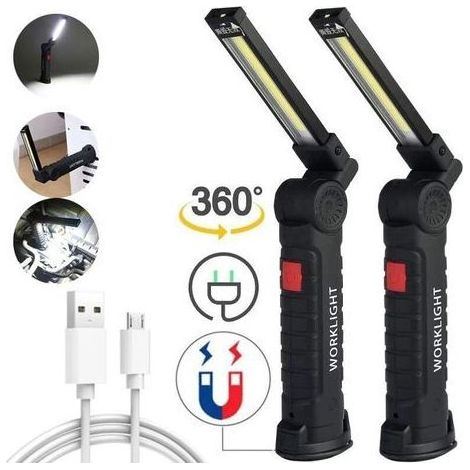 Lampe de travail LED rechargeable pliable, lampe torche multifonction COB avec aimant, éclairage d'inspection pour tente, voiture, réparation et travaux, lot de 2 (1/5)