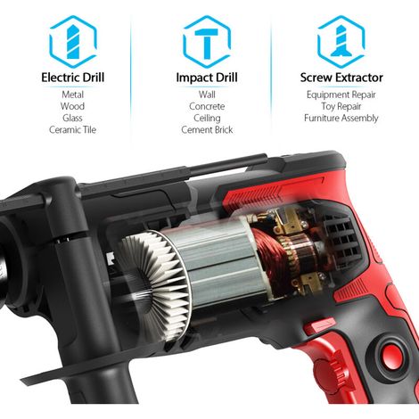 Taladro percutor eléctrico con cable de 850 W, función 2 en 1, 0-3000 RPM, mango giratorio de 360°, portabrocas de 13 mm, para hormigón, metal y madera. (1/3)