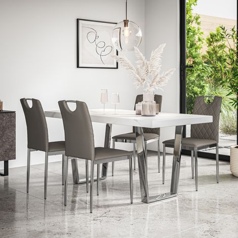 Aria Dining Table And Chairs - White Marble Effect Table Top w Chrome Legs + Monza Faux Leather Dining Chair w Chrome Legs Set Of 6 (Grey) (1/5)