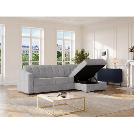 Canapé d'angle réversible convertible express en tissu texturé gris clair - Couchage 140 cm - Matelas 14 cm - DARIELO (1/4)