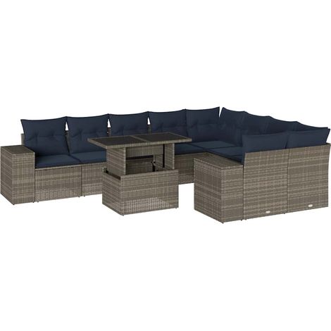 10-teiliges Gartensofa-Set mit Kissen, grau, Polyrattan vidaXL (1/5)