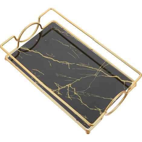 Plateau de Salle de Bain Décoratif en Métal Doré Noir, Plateau de Rangement Compact pour Cosmétiques et Parfums, Organisateur de Coiffeuse Élégant pour Salle de Bain et Maquillage'-'- (1/5)