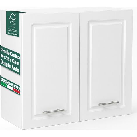 Pensile da Cucina Armadio Sospeso da Parete Doppia Anta Boiserie Colore Bianco