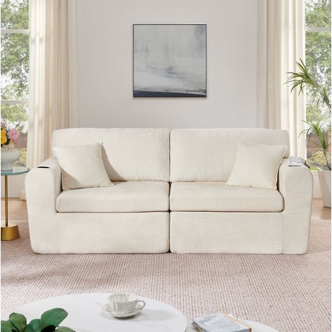 Canapé droit 2 places, avec USB et porte-gobelets, en chenille, beige (1/5)