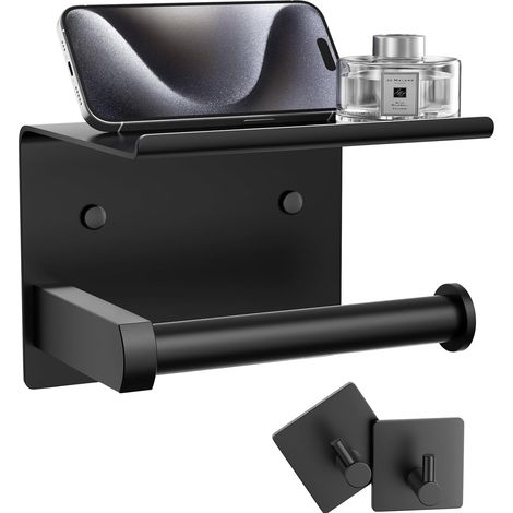Porte-papier toilette avec étagère pour téléphone et crochets pour serviettes et peignoirs, fixation murale adhésive ou à vis - Modèle standard - Noir mat