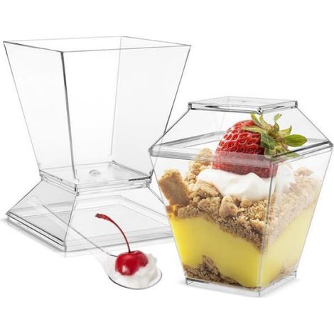 Verres à Dessert avec Couvercle 50 Pièces, Bols en Plastique Réutilisables Pudding Mousse Fête + Cuillères Accessoire Table Cuneary (1/5)
