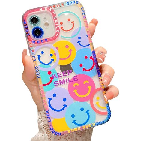 Funda resistente a los golpes para iPhone 12, con tecnología de protección EcoShock, un elegante diseño de carita sonriente y corazón, material TPU flexible y bordes elevados alrededor de la pantalla. (1/2)