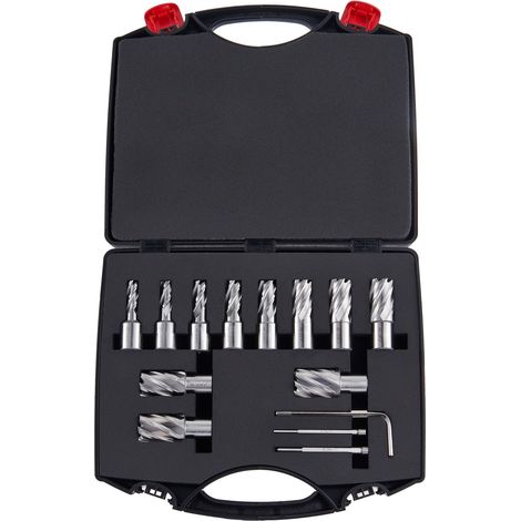 Ensemble de fraises annulaires 13 pièces, tige Weldon, profondeur 2,5 cm, diamètre 1,1-2,7 cm, HSS M2AL, 2 broches pilotes, clé hexagonale et coffret, pour perceuse magnétique. (1/5)