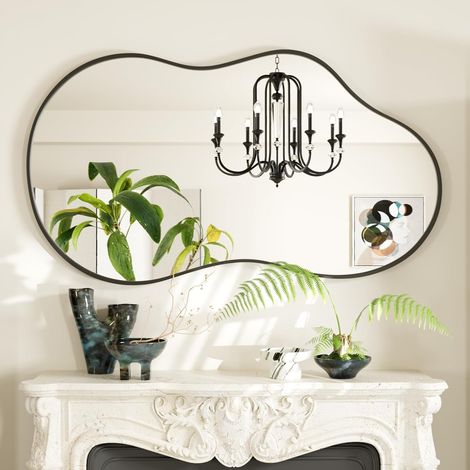 Miroir Mural Asymétrique 60x90cm, Noir Nuage Forme, Verre Trempé (1/5)