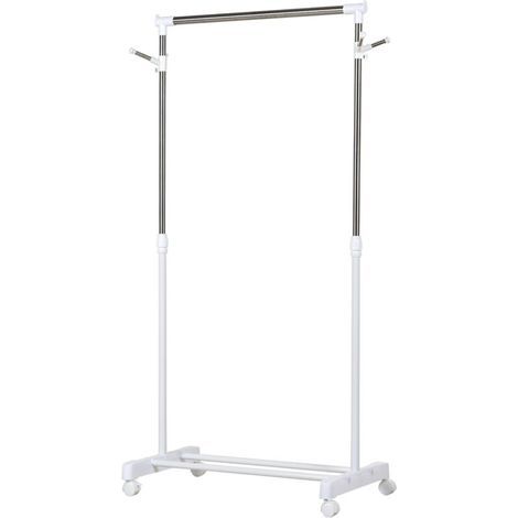 Portant à vêtements, penderie vêtement en acier avec support à chaussures et crochets latéraux, argent et blanc (1/5)