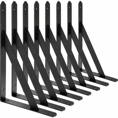 Equerre Etagere Murale, 8 Pcs Supports Triangulaires de 90 Degrés en Acier, Équerres Étagères 200mm x 120mm, Support d'angle Brace (Noir) (1/5)