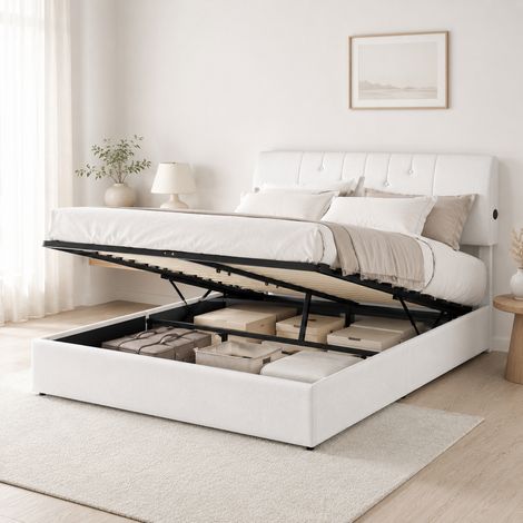 Lit coffre 160x200 cm avec sommier relevable, lit double adulte capitonné en tissu blanc, tête de lit réglable en hauteur avec ports USB-C et USB, grand espace de rangement hydraulique, cadre de lit m (1/5)