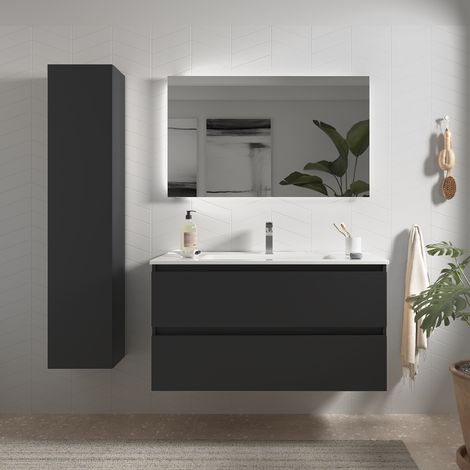 Mueble de baño Bequia 100 cm Negro Mate con Lavabo de porcelana