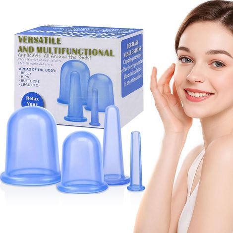 Ventouse Anti Cellulite, 4pcs Ventouse Visage Silicone Massage Cups Anti Cellulite Masseur pour Fesse, Jambe, Cuisse, Ventre, Bras Massage (Bleu) (1/5)