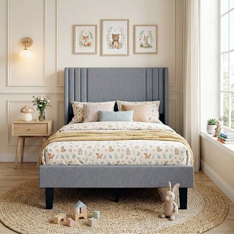 Letto singolo 90x200 cm - Letto imbottito in lino con testiera trapuntata e rete a doghe - Letto per ragazzi 1 piazza - Grigio