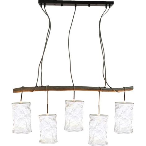 Lustre en bois avec 5 abats-jour en papiers froissé blanc - WOODEN