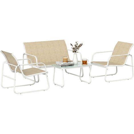 Ensemble de jardin 4 pièces comprenant canapé, fauteuils et table basse, kaki et blanc