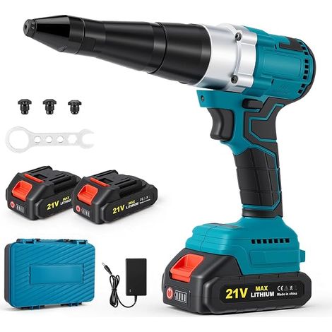 Cordless Rivet Drill with Brushless Motor, 2x 2000mAh Batteries, 3 Bits for Rivets 2.4-5mm, LED Lamp for DIY and Applications (1/5)