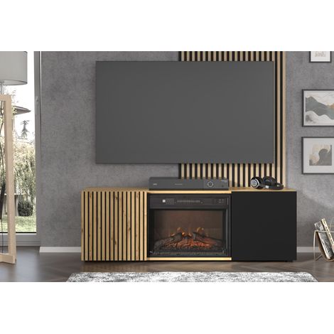 Meuble TV Auris 150 cm avec cheminée en chêne artisan et mat noir (1/4)