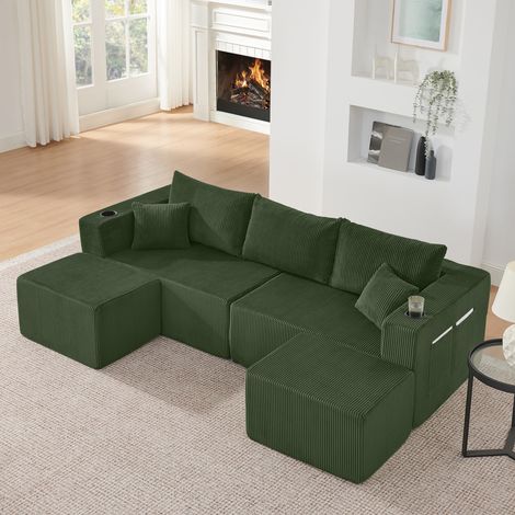 Canapé d’angle modulable 3 places - canapé nuage en L en corduroy doux avec 2 poufs, porte-gobelets, poches rangement et coussins inclus - Vert (1/5)