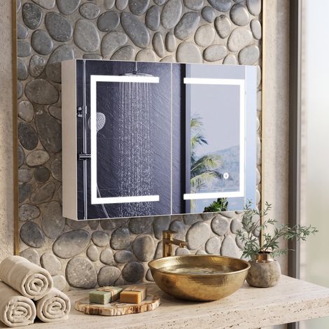 JOOKGBD-Armadio da Toilette con Specchio LED Antiappannamento,doppia anta,ripiano regolabile,controllo tattile,luminosità regolabile,colore regolabile,bianco,80x13.5x60 cm (1/5)