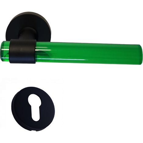 Coppia di maniglie per porte "JOY" Tubi in cristalina VERDE Piedini in acciaio inox nero  + 2 rose a cilindro