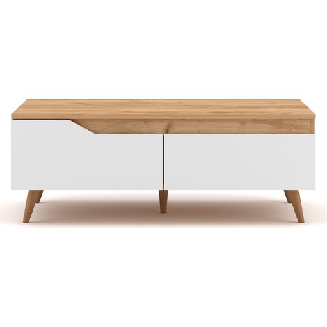 Tavolino basso scandinavo 2 cassetti L100 cm - Effetto legno e bianco