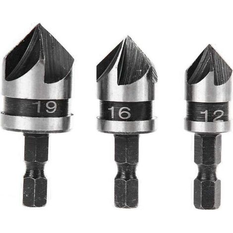 3pcs 90 Degrés 5 Flûte Fraises à Chanfreiner Set Pour Bois, Métal Changement Rapide 1/4" Hex Foret à Chanfreiner en Acier au Carbone Outil de Coupe de Chanfreinage de Bois 12/16/19mm
