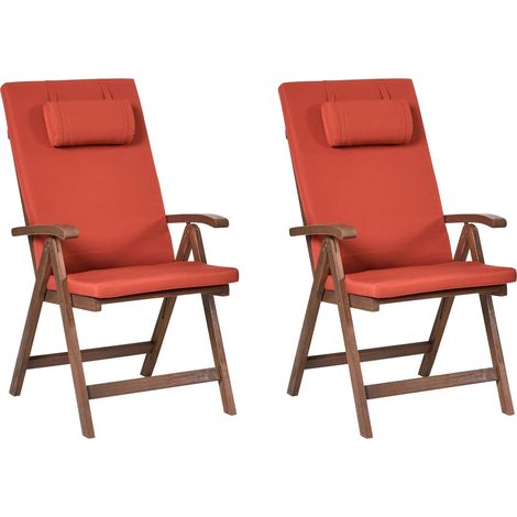 Set di 2 sedie da giardino rustiche in legno d'acacia naturale e cuscini rosso Amantea Premium