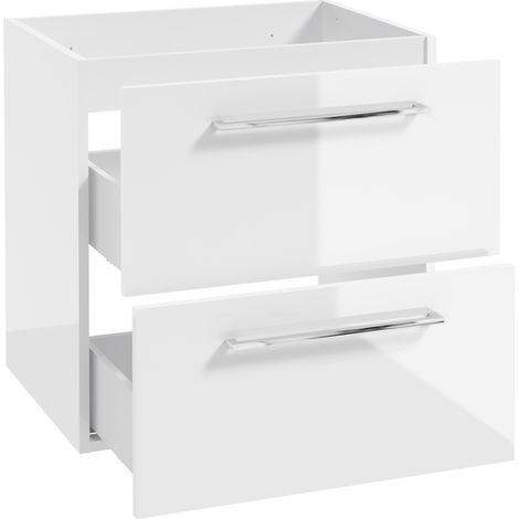 Waschtischunterschrank mit Metallgriffen in chrom, 60 cm breit mit 2 Schubkästen, in weiß Hochglanz lackiert MESSINA-107, B/H/T: ca. 60/60/45 cm (1/4)