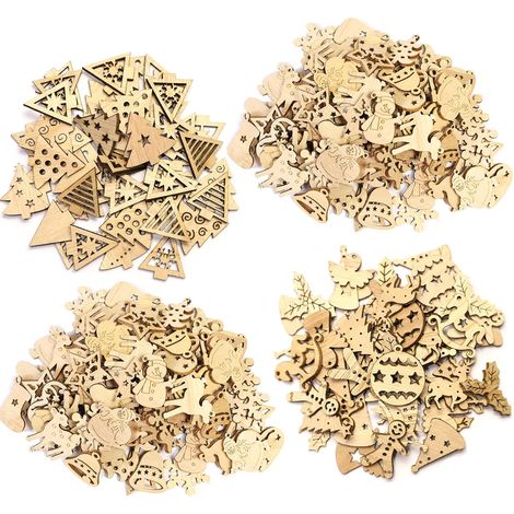 Pendentifs bois naturel lot de 200, sapin Noël bricolage artisanat flocons Père Noël disques écologiques personnalisables (1/3)