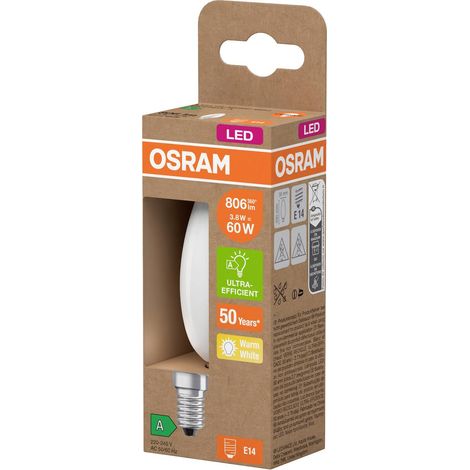 OSRAM Energy Class en forme de mini bougie classique, 3,8 W / 806 lm, EEK A, lumière blanc chaud (2700 K), CRI 80, en verre dépoli sans plomb, culot E14, IP20, diamètre 35 mm. (1/5)