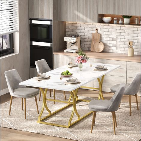 Esstisch 200/80/76 cm in Weiß-Marmoroptik mit goldfarbenen Metallbeinen (1/5)