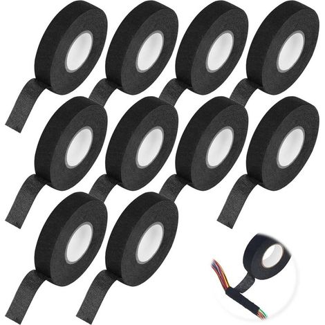 10 Pièces Ruban Adhésif Tissu Noir 19mm X 15m, Ruban de Câbles Noir Rubans Adhésif Isolant En Tissu Pour Voiture, Résistant à la Chaleur, Anti-âge, pour Ménage Voiture Moto Faisceaux de Câbles (1/4)