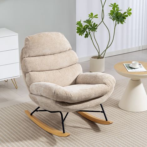 Fauteuil à bascule rembourré avec pieds en acier et patins en bois, blanc crème (1/5)