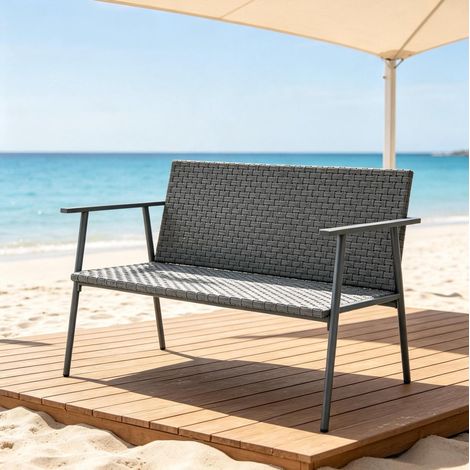 2-Sitzer Gartenbank 110 x 58 x 78 cm aus Polyrattan und Stahl, grau, stabil für Terrasse (1/5)