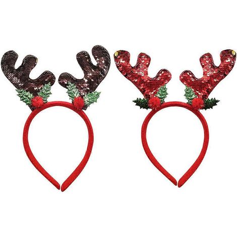 Lot de 2 bandeaux à paillettes en forme de renne pour Noël, accessoires photo et cadeaux pour enfants (rouge + marron)-2pcs (1/2)