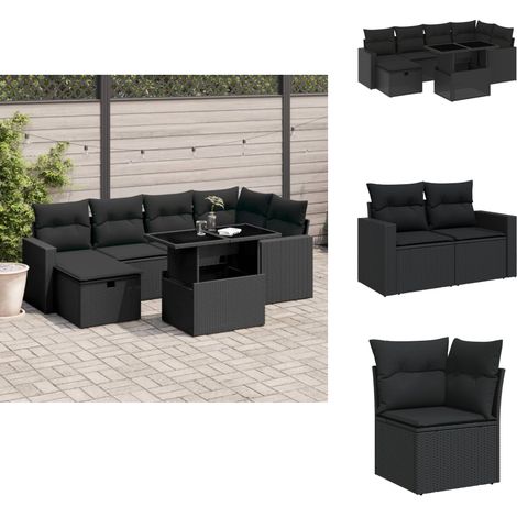 Salon de jardin 7 pcs avec coussins noir résine tressée - Ensemble Salon De Jardin - Mobilier De Jardin - Table Extensible - Chaise Lounge - Fauteuil Extérieur (1/5)