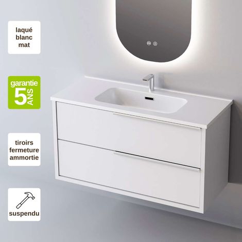 Meuble de salle de bain plan vasque Céramique, 2 Tiroirs Poignée Inox Satiné, l60xh54xp45, Laqué Blanc Mat, LIKE (1/3)
