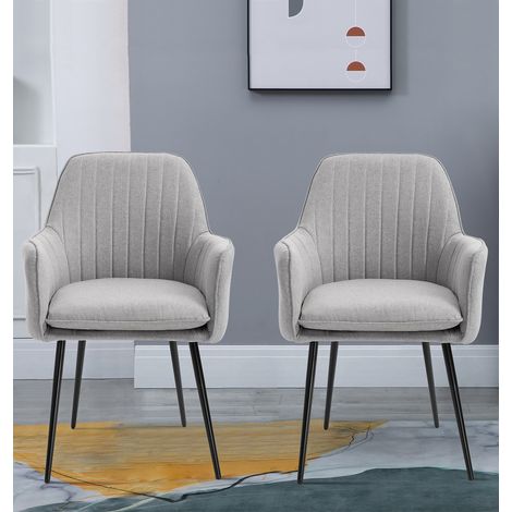 Hallowood Furniture Cullompton Dining Chairs Set of 2, Upholstered Light Grey Fabric Dining Chairs with Armrests and Sturdy Black Metal Legs for Home, Office and Cafe (1/5)