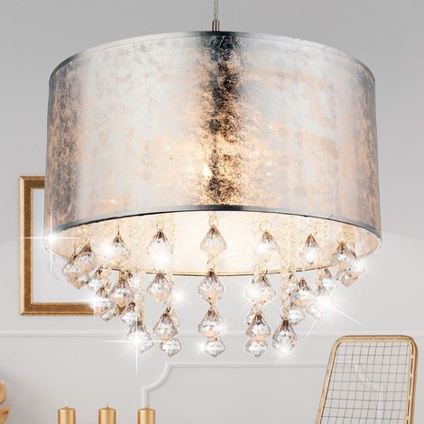 LED Hängeleuchte Textilschirm Pendelleuchte Kristalle silber Hängelampe Esstischleuchte Stoff, Nickel matt, klar, 7W 630 lm warmweiß, DxH 40x140 cm